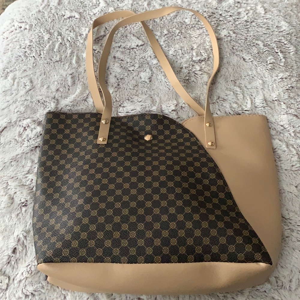 New Brown & tan mini tote w/snap closure. 12x9.75x3. No pockets.